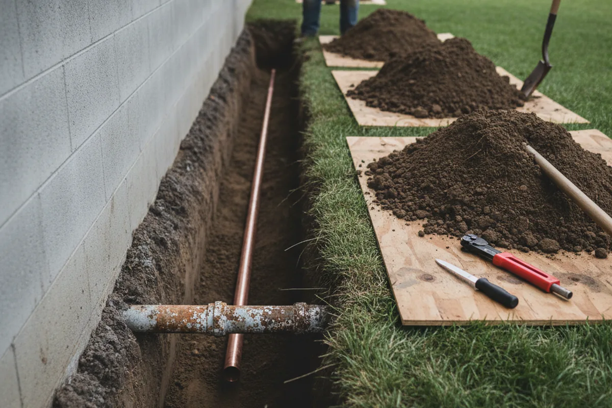 Excavated water line trench during Sewer Line Repair in Turlock